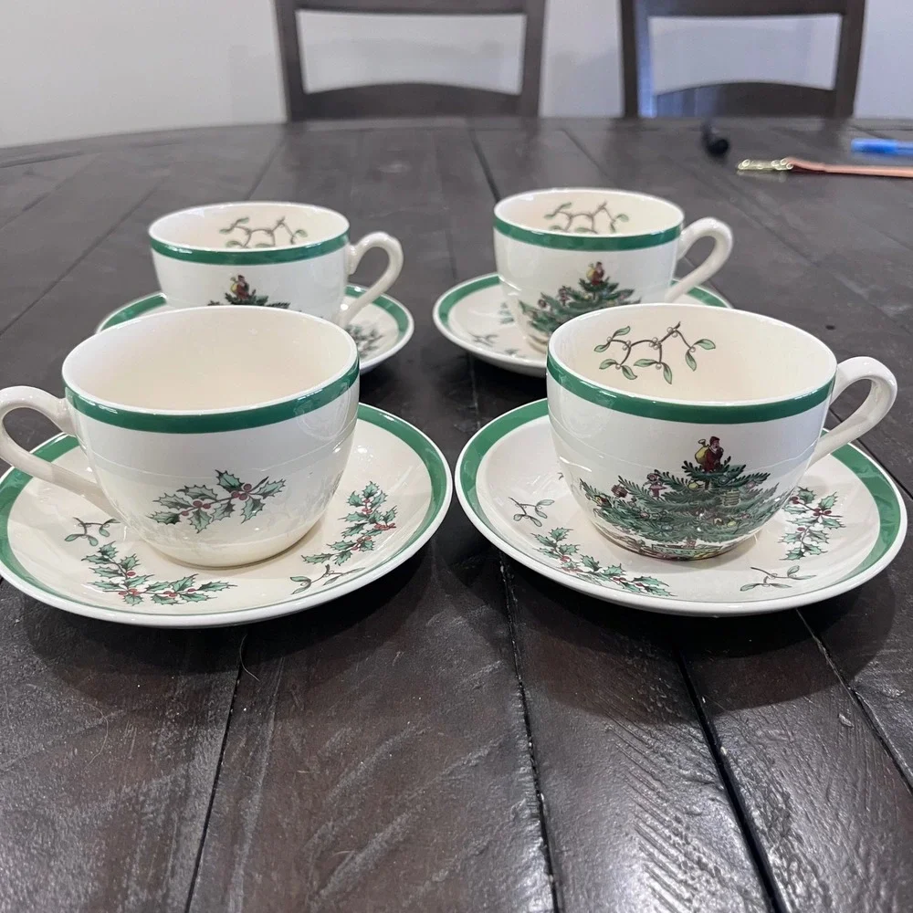 Spode Christmas Tree Teacup and Saucer Set of 4 Made in England S3324 Green Trim